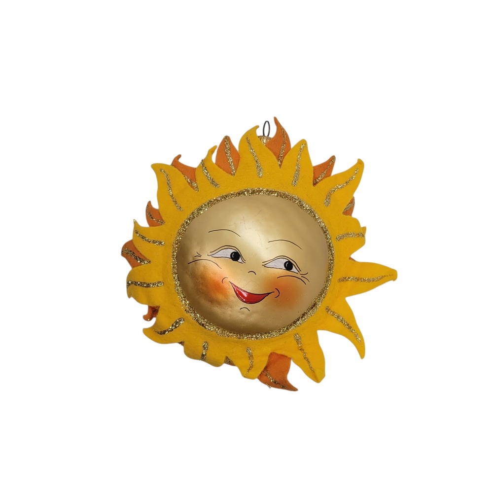 Vintage De Carlini Italian Hand Painted Glass Sun Ornament Gold Yellow Sunburst